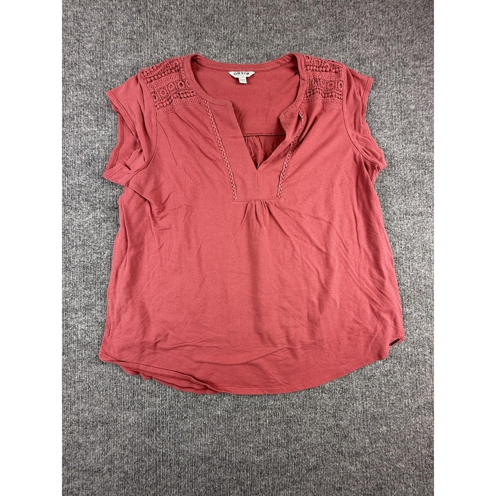 Orvis Shirt Womens XL Pink Crochet Lace Yoke Cap Sleeve Jersey Top Casual